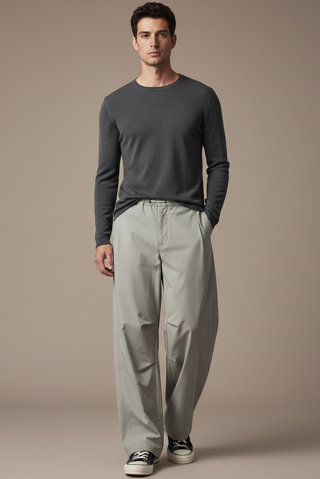 Pantalon Parachute Gris Clair Ample Décontracté Homme - Polyester