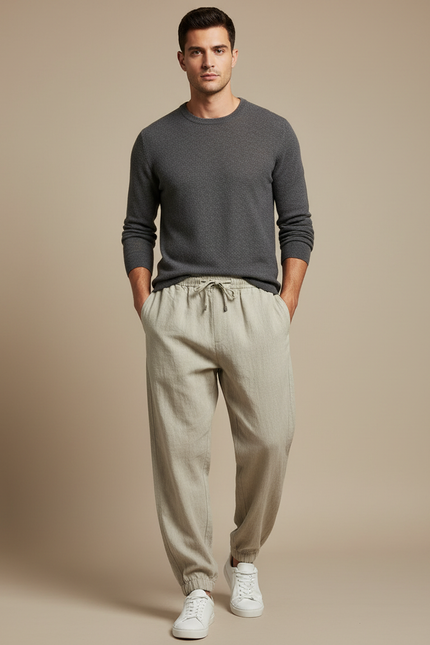 Pantalon Parachute Lin Coton Ample Beige Cordon