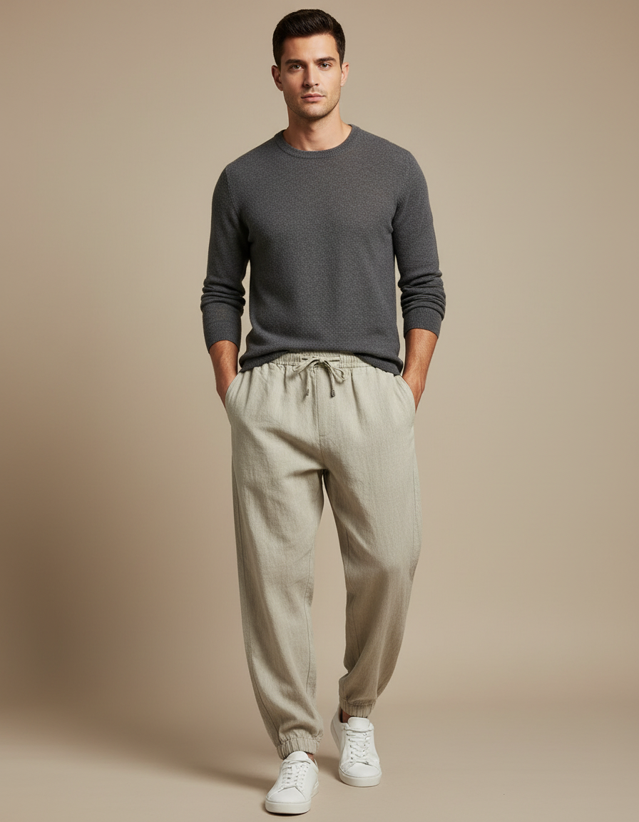 Pantalon Parachute Lin Coton Ample Beige Cordon