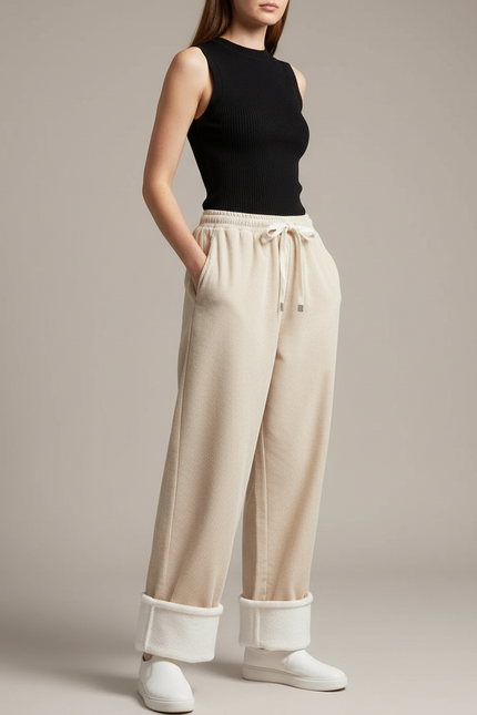 Pantalon Parachute Beige Côtelé Doublé Polaire Ample - Maille