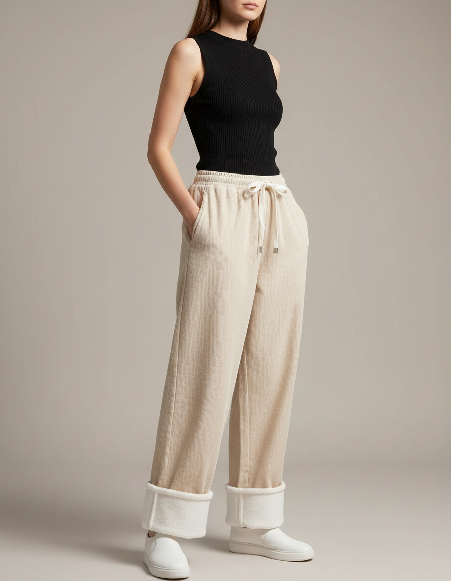 Pantalon Parachute Beige Côtelé Doublé Polaire Ample - Maille