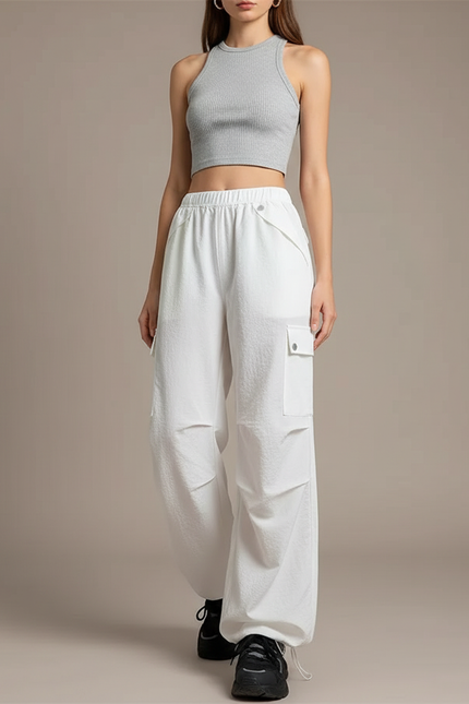 Pantalon Parachute Blanc Ample Cargo Décontracté Cordon - Coton