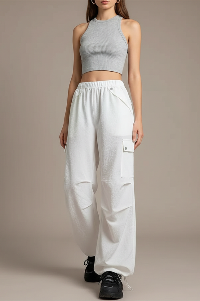 Pantalon Parachute Blanc Ample Cargo Décontracté Cordon - Coton