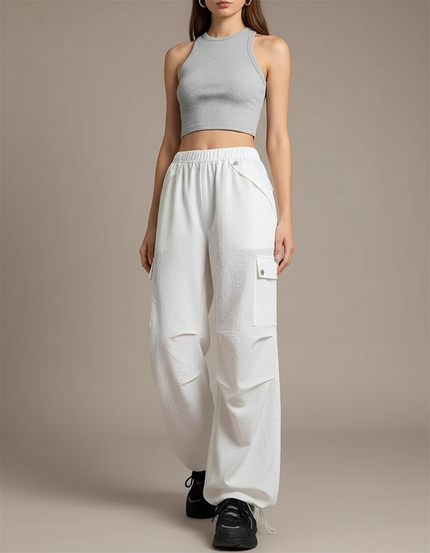 Pantalon Parachute Blanc Ample Cargo Décontracté Cordon - Coton