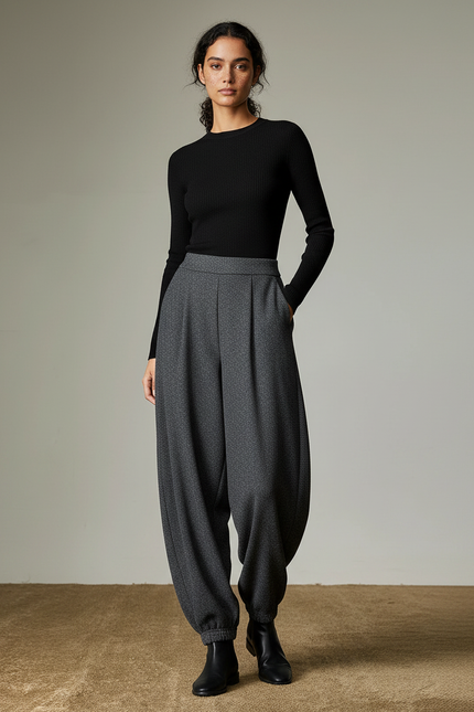 Pantalon Parachute Gris Ample Élastique Chic Décontracté - Maille