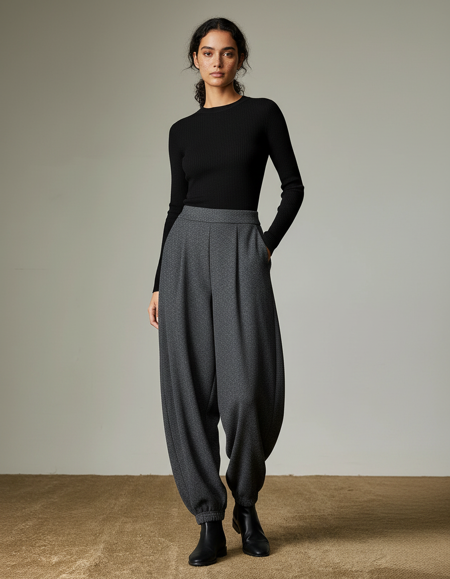 Pantalon Parachute Gris Ample Élastique Chic Décontracté - Maille