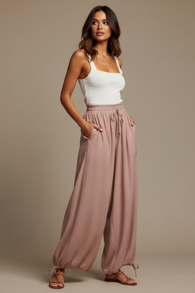 Pantalon Parachute Beige Ample Fluide Taille Haute - Rose Viscose