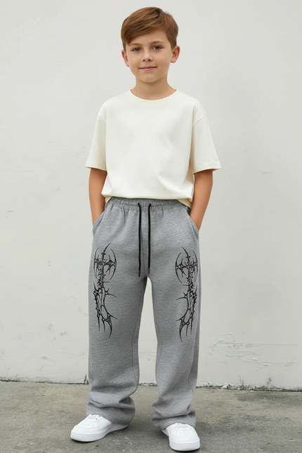 Pantalon Parachute Gris Imprimé Streetwear Garçon Ample - Molleton