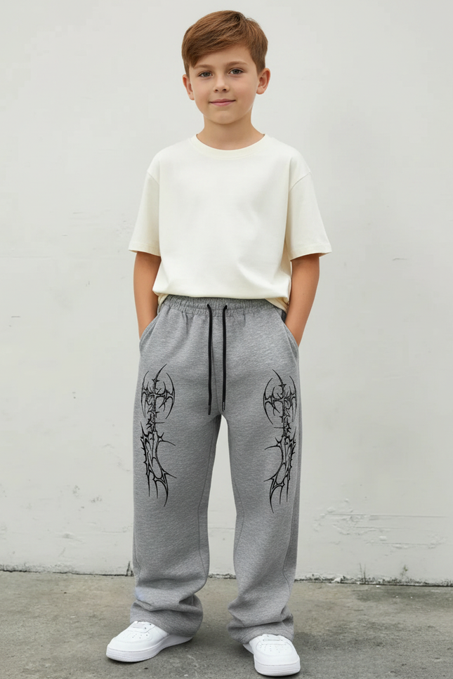 Pantalon Parachute Gris Imprimé Streetwear Garçon Ample - Molleton