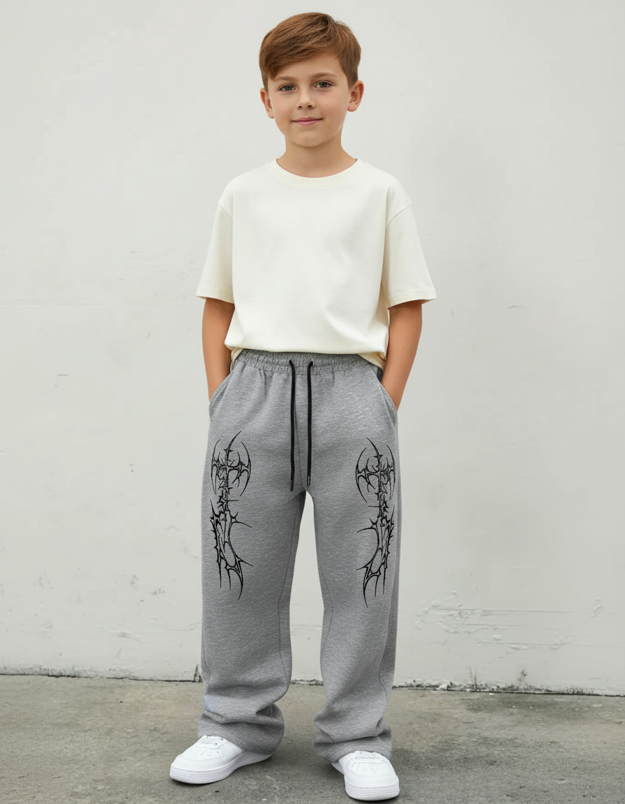 Pantalon Parachute Gris Imprimé Streetwear Garçon Ample - Molleton