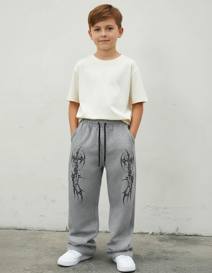 Pantalon Parachute Gris Imprimé Streetwear Garçon Ample - Molleton