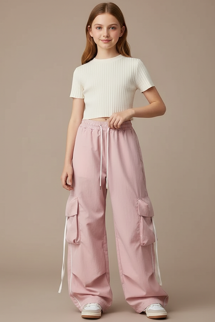 Pantalon Parachute Rose Cargo Ample Décontracté Fille - Polyester
