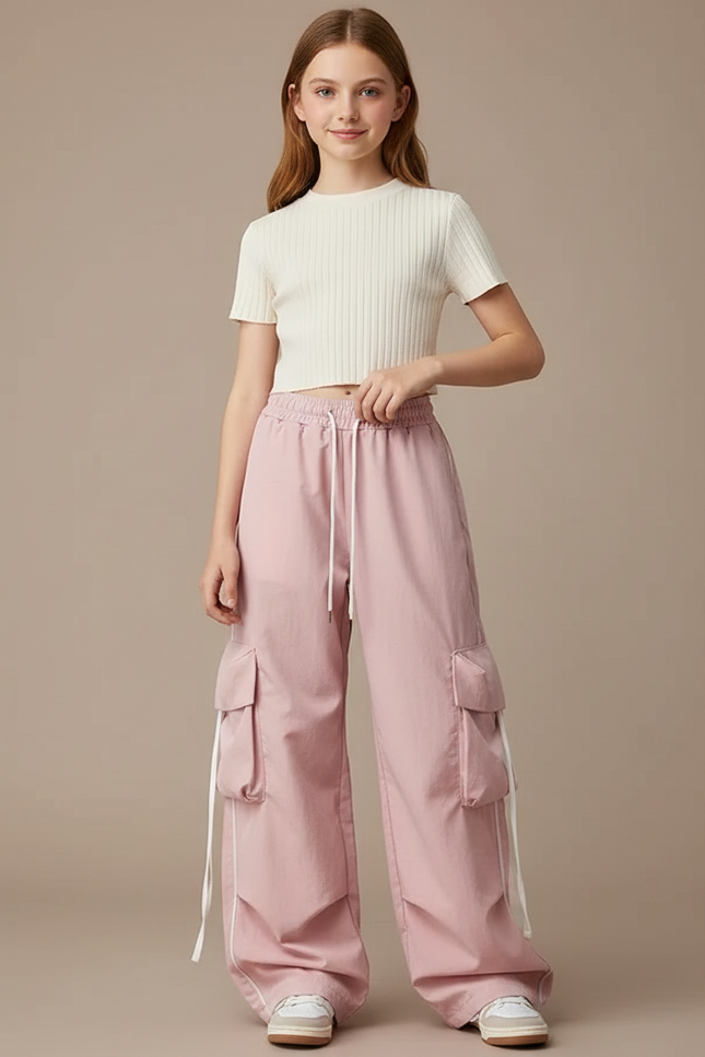 Pantalon Parachute Rose Cargo Ample Décontracté Fille - Polyester