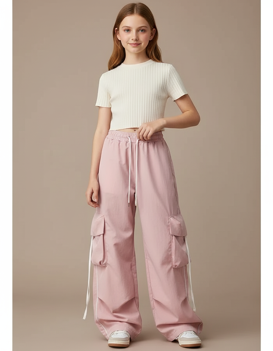 Pantalon Parachute Rose Cargo Ample Décontracté Fille - Polyester