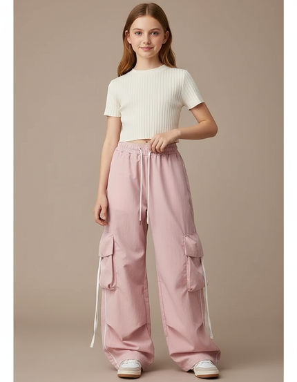 Pantalon Parachute Rose Cargo Ample Décontracté Fille - Polyester