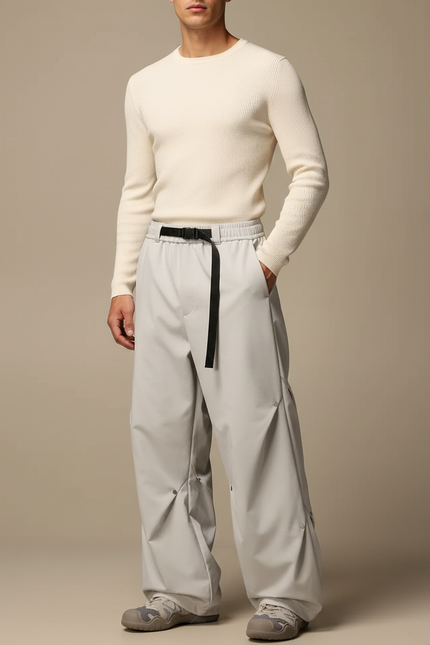 Pantalon Parachute Gris Clair Ample Ceinture Décontracté - Polyester