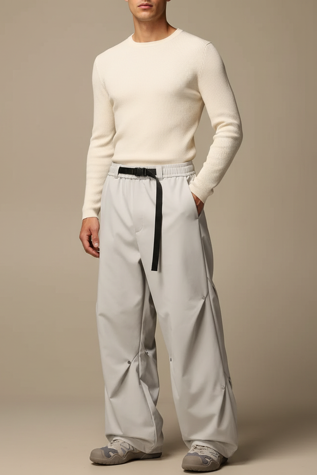 Pantalon Parachute Gris Clair Ample Ceinture Décontracté - Polyester