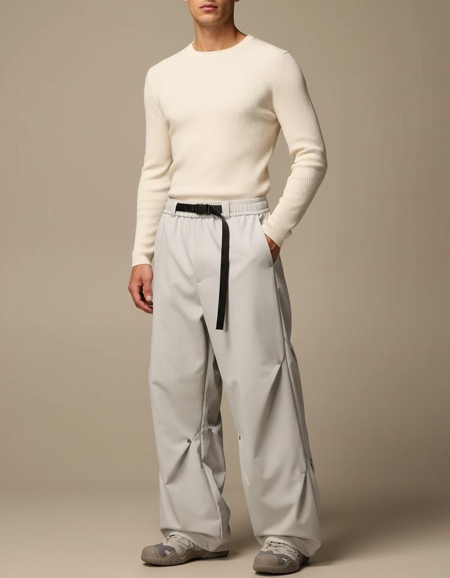 Pantalon Parachute Gris Clair Ample Ceinture Décontracté - Polyester