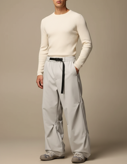 Pantalon Parachute Gris Clair Ample Ceinture Décontracté - Polyester