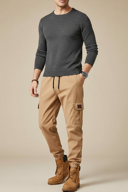Pantalon Parachute Beige Cargo Décontracté Cordon Homme - Polyester