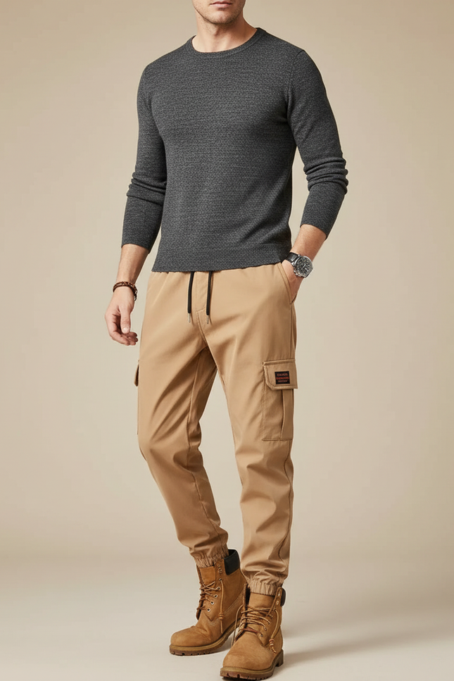 Pantalon Parachute Beige Cargo Décontracté Cordon Homme - Polyester