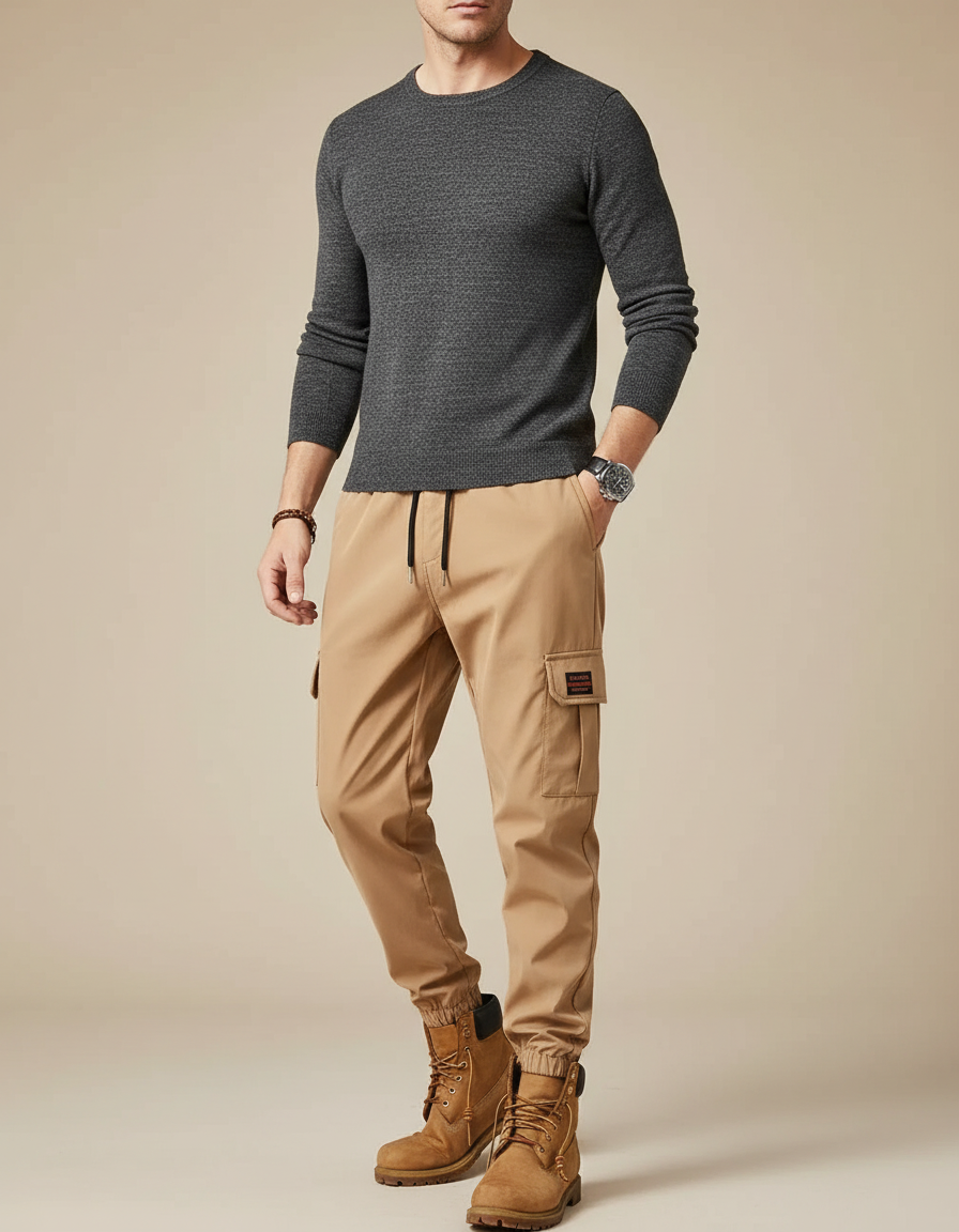 Pantalon Parachute Beige Cargo Décontracté Cordon Homme - Polyester