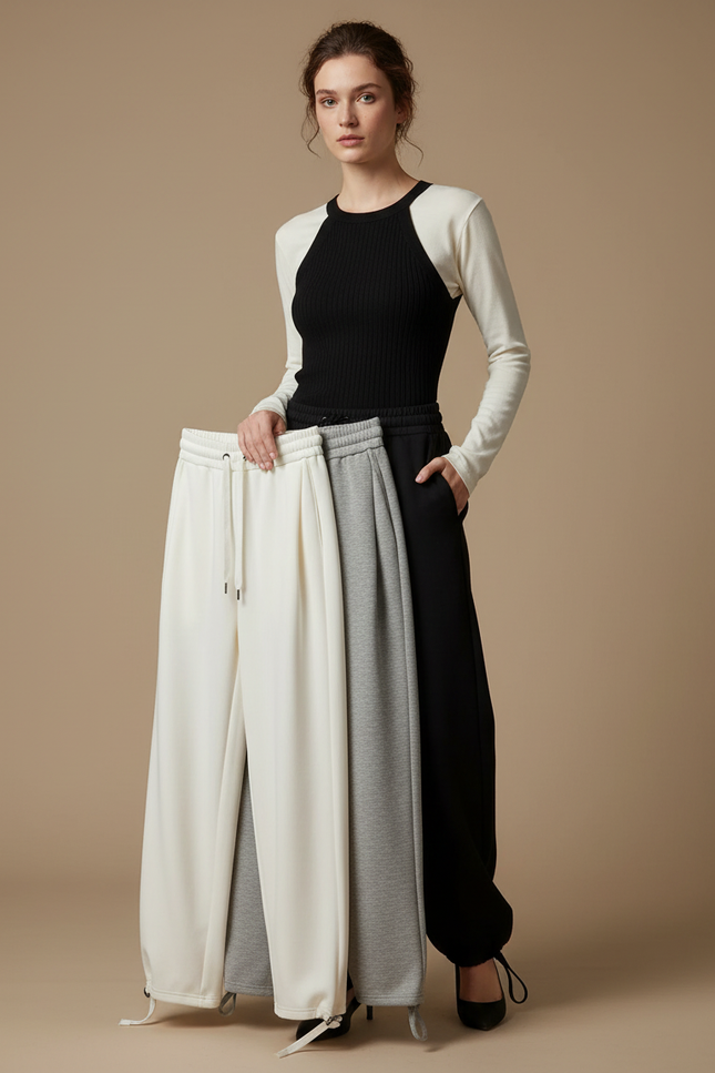 Pantalon Parachute Fluide Ample Cordon Sport Femme - Blanc Molleton