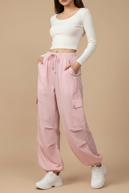 Pantalon Parachute Rose Cargo Ample Femme Y2K - Polyester