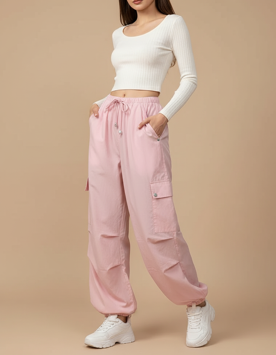 Pantalon Parachute Rose Cargo Ample Femme Y2K - Polyester