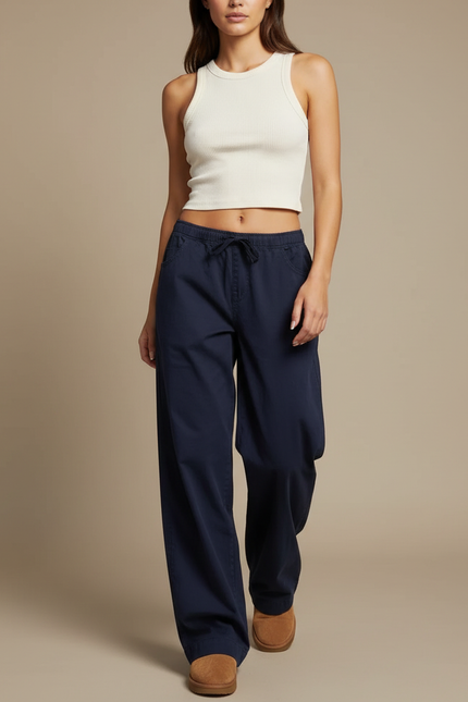 Pantalon Parachute Bleu Marine Ample Cordon Décontracté Femme - Gabardine