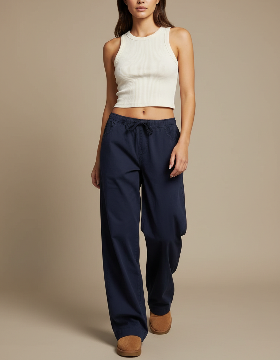 Pantalon Parachute Bleu Marine Ample Cordon Décontracté Femme - Gabardine