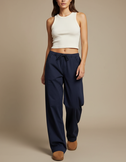 Pantalon Parachute Bleu Marine Ample Cordon Décontracté Femme - Gabardine