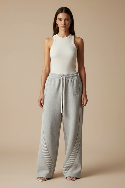 Pantalon Parachute Gris Ample Molleton Rayures Blanches