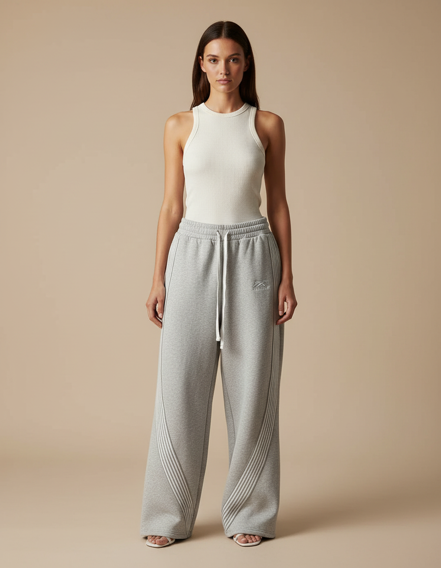 Pantalon Parachute Gris Ample Molleton Rayures Blanches