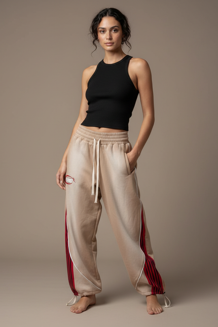 Pantalon Parachute Beige Ample Rayures Rouges Hip-Hop - Molleton