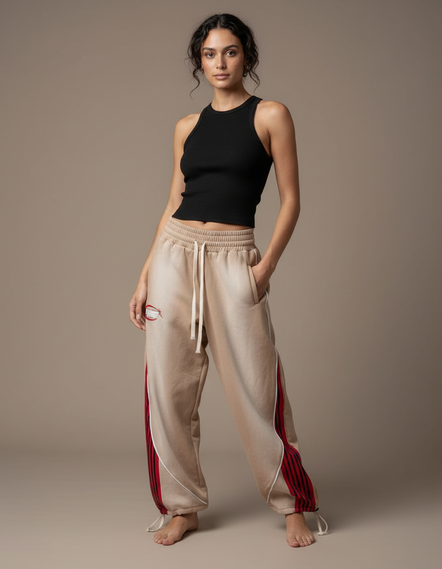 Pantalon Parachute Beige Ample Rayures Rouges Hip-Hop - Molleton