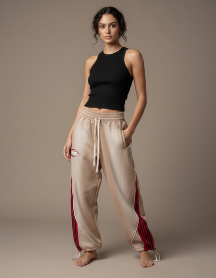Pantalon Parachute Beige Ample Rayures Rouges Hip-Hop - Molleton