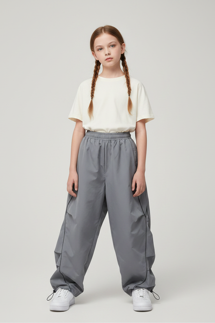 Pantalon Parachute Gris Ample Lignes Noires Décontracté - Polyester
