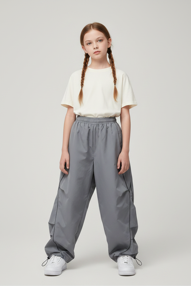 Pantalon Parachute Gris Ample Lignes Noires Décontracté - Polyester