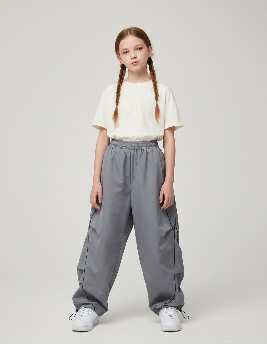 Pantalon Parachute Gris Ample Lignes Noires Décontracté - Polyester