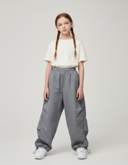 Pantalon Parachute Gris Ample Lignes Noires Décontracté - Polyester