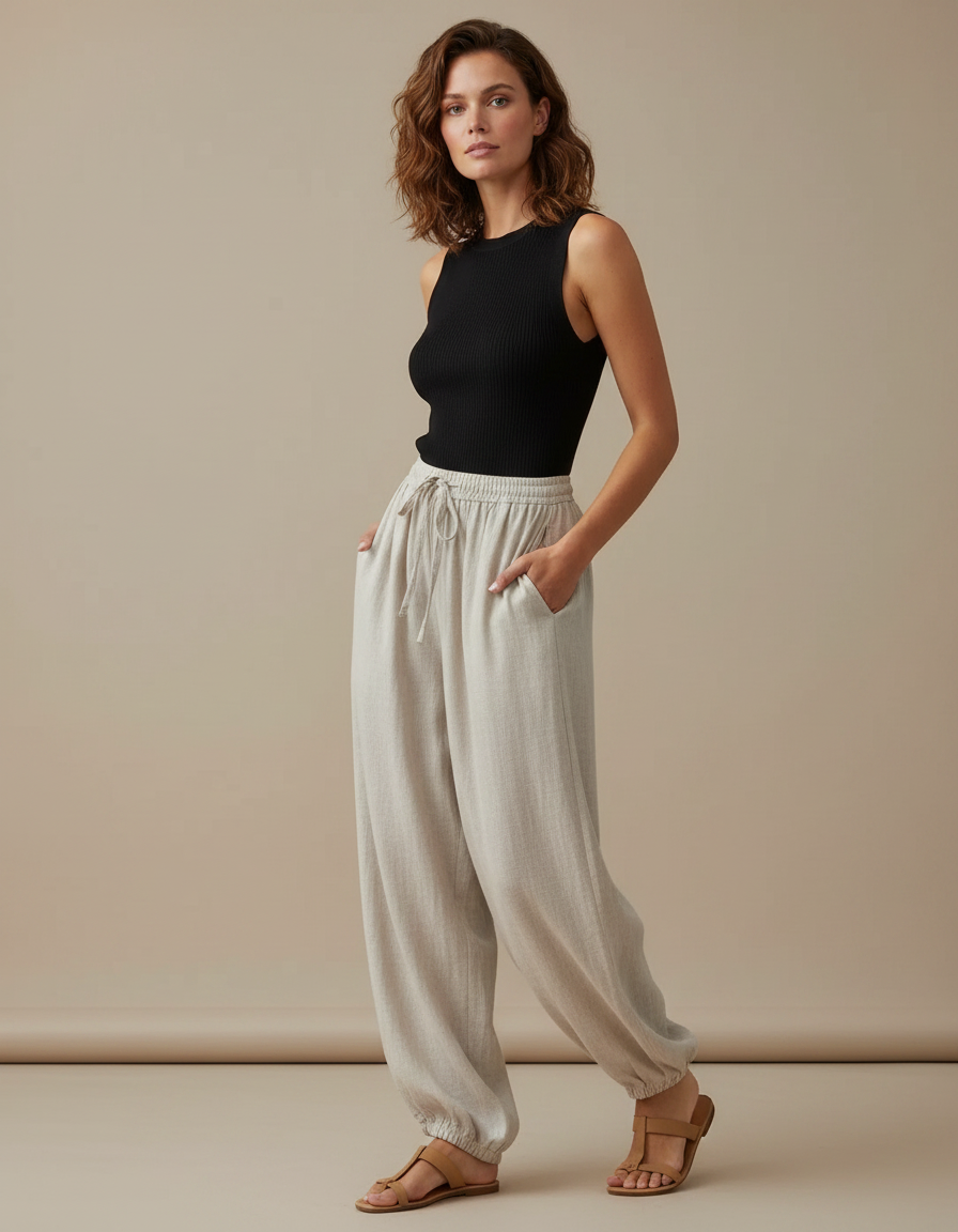 Pantalon Parachute Beige Ample Lin Décontracté Femme
