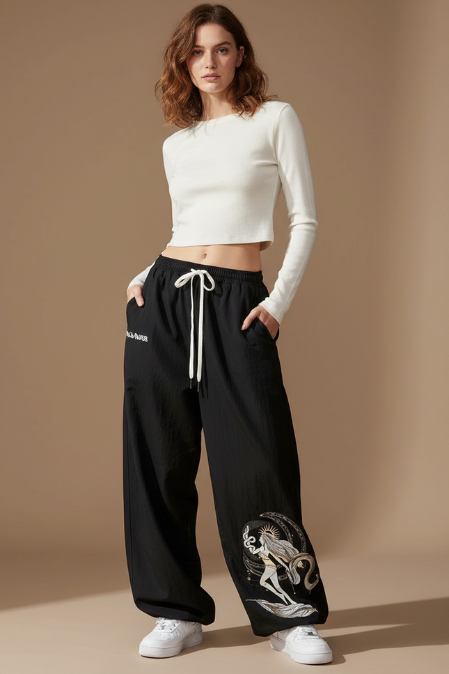 Pantalon Parachute Noir Ample Imprimé Sirène Cordon Femme - Polyester