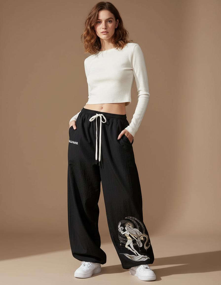 Pantalon Parachute Noir Ample Imprimé Sirène Cordon Femme - Polyester