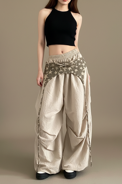 Pantalon Parachute Beige Ample Étoiles Streetwear Cordon - Polyester