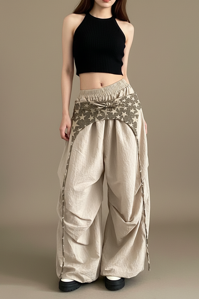 Pantalon Parachute Beige Ample Étoiles Streetwear Cordon - Polyester