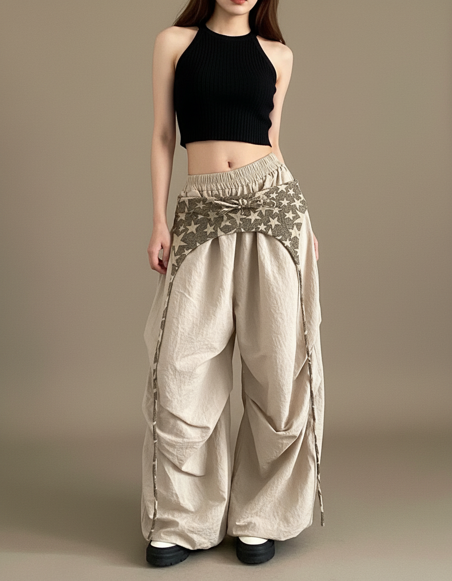 Pantalon Parachute Beige Ample Étoiles Streetwear Cordon - Polyester