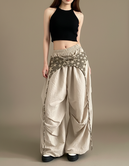 Pantalon Parachute Beige Ample Étoiles Streetwear Cordon - Polyester