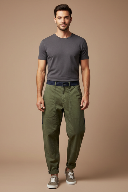 Pantalon Parachute Kaki Cargo Coton Ample Homme Décontracté