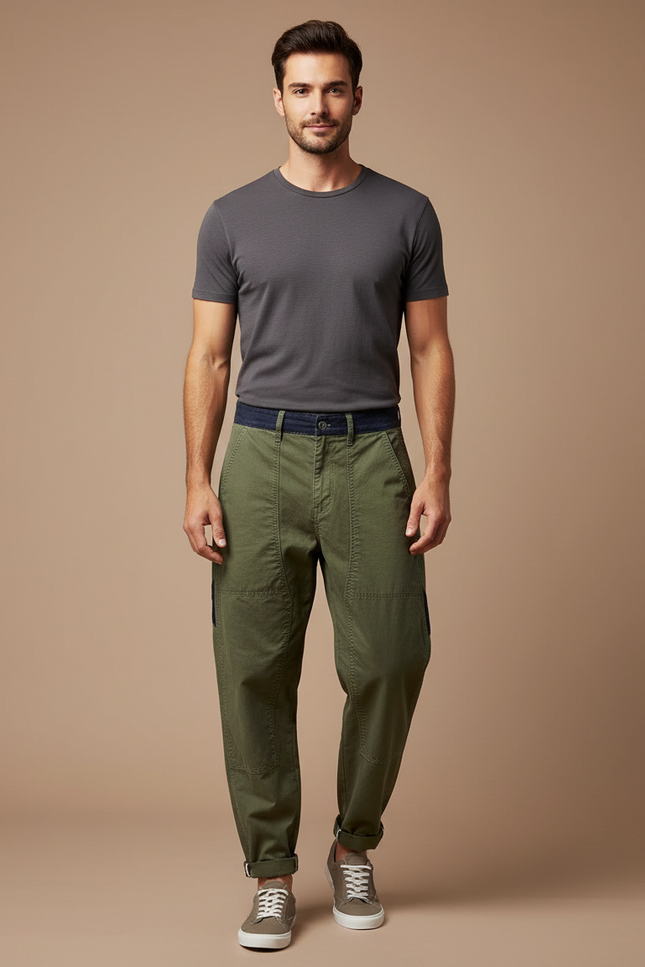 Pantalon Parachute Kaki Cargo Coton Ample Homme Décontracté